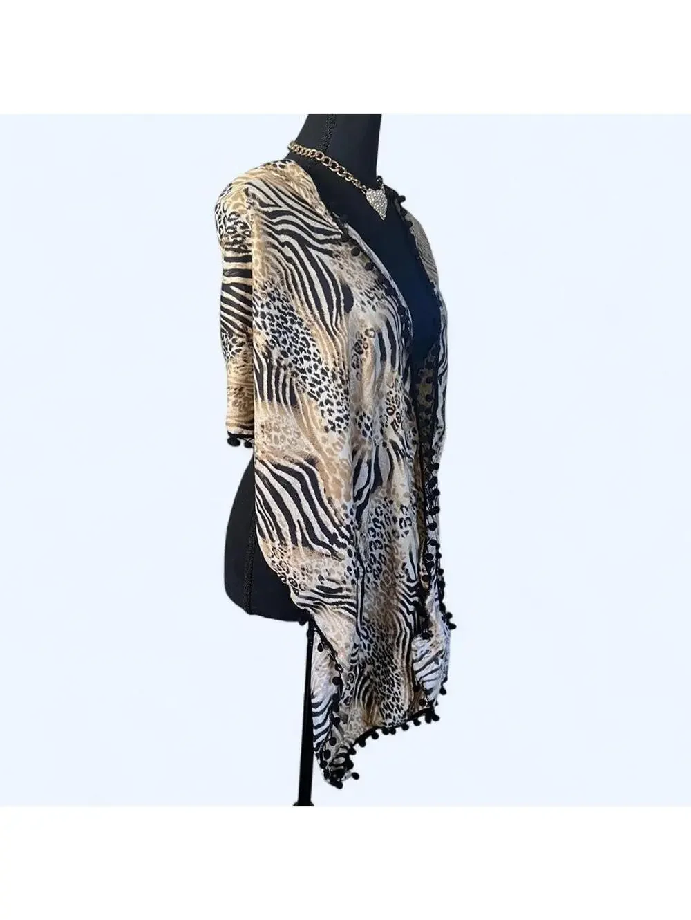 Vintage Y2K Print Zebra Leopard Pom Pom Shawl Wrap Kimono Cover Up One Size 🤎